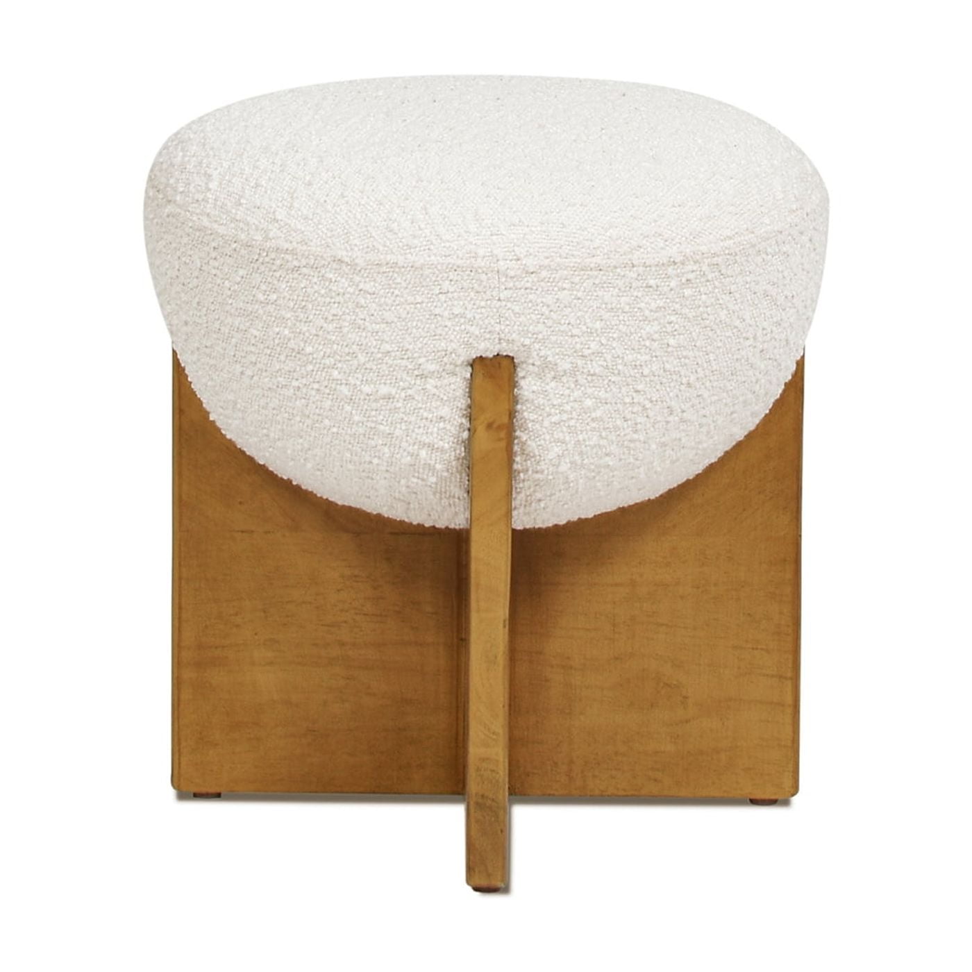 Bali 18.5" Round Upholstered Ottoman with Natural Wood Base Ivory White Boucle