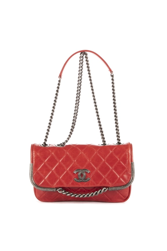 Pre-Owned Chanel Red Chain Single Flap Shoulder Bag Glazed Calfskin Leather