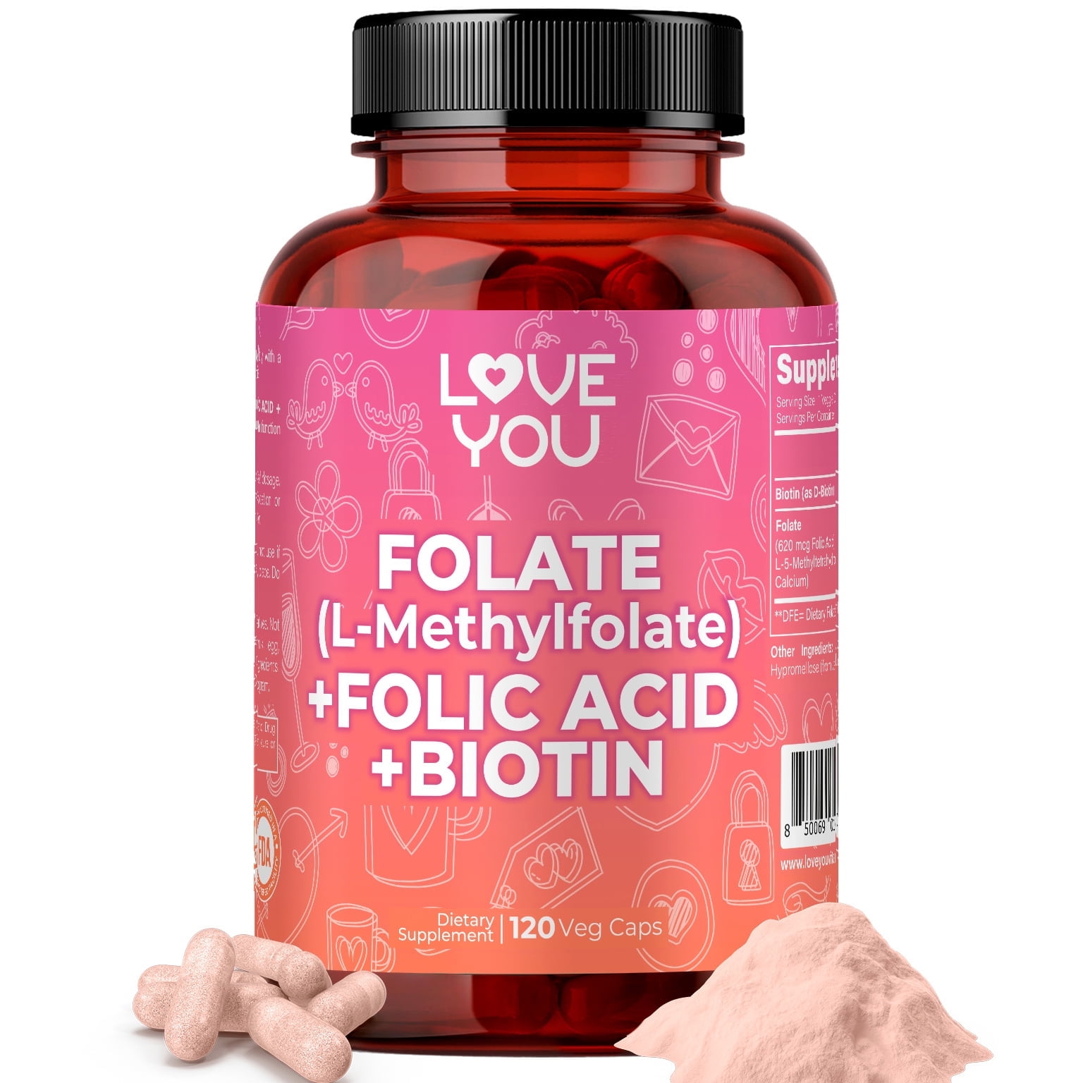 Love You Folate, Folic Acid and Biotin Supplement, 120 Caps, 120 Servings
