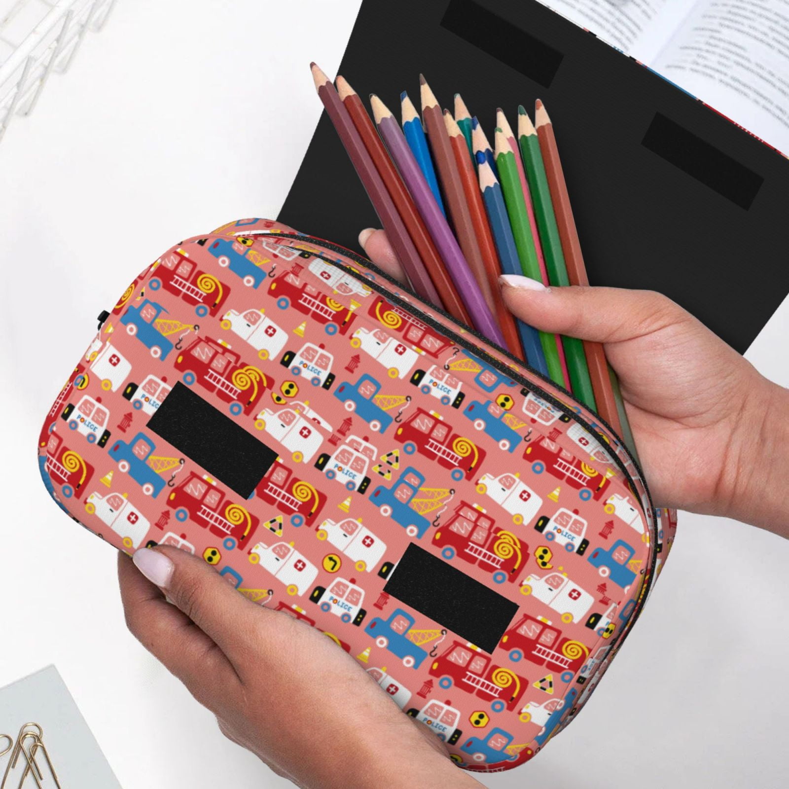 Rateoe Cartoon with Traffic Elements Pattern Double Clamshell Pen Case, Storage Organizer with Two Zipper Compartments– Holds Up to 50 Pencils & Pens