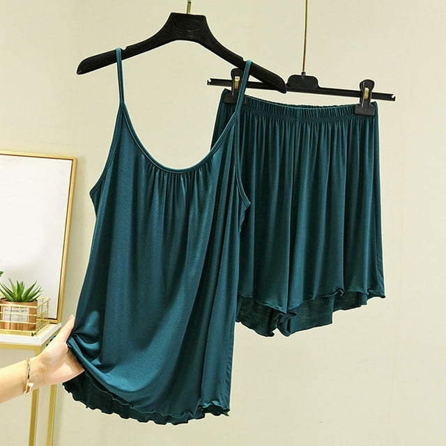 Qtocio Womens Sleep Set,2 Piece Summer Soft Knit Loose Style Solid Color Sleeveless Cami Top and Shorts Soft Loungewear