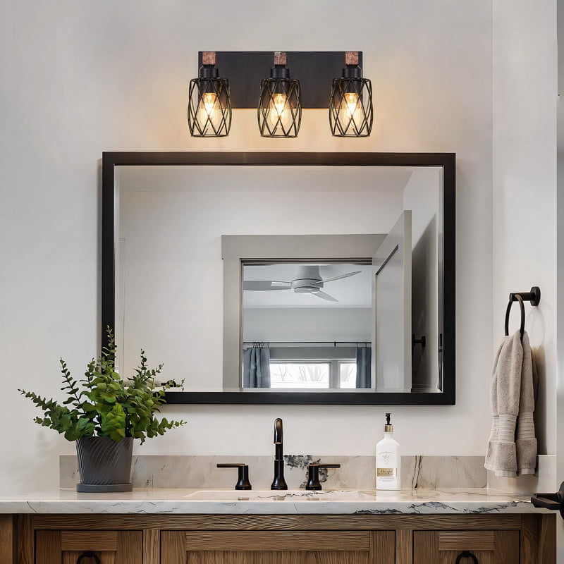 18" Industrial 3-Light Bathroom Vanity Light Fixture, Black Cage Wall Sconce with Wood Accents, Bathroom Light Fixtures Over Mirror, E26 Base, Bulbs Not Included