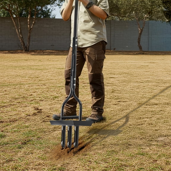 43in Lawn Aerator Garden Tool with Soil Core Tray, Manual Grass Plug Aerators & A Cleaning Tool, Coring Aeration Tools with 3 Tines for Gardening, Soil Compaction, Lawn Yard Care, Black