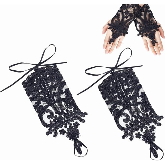 1 Pair Short Lace Fingerless Gloves Embroidered Bridal Party Prom Gloves Black DIY