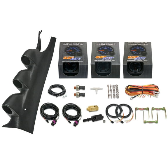 GlowShift | 2015-2023 Ford Mustang S550 Black Triple Gauge Pillar Pod with Tinted 7 Color Series 15 PSI Boost Vacuum Gauge, 100 PSI Oil Pressure Gauge & 100 PSI Fuel Pressure Gauge