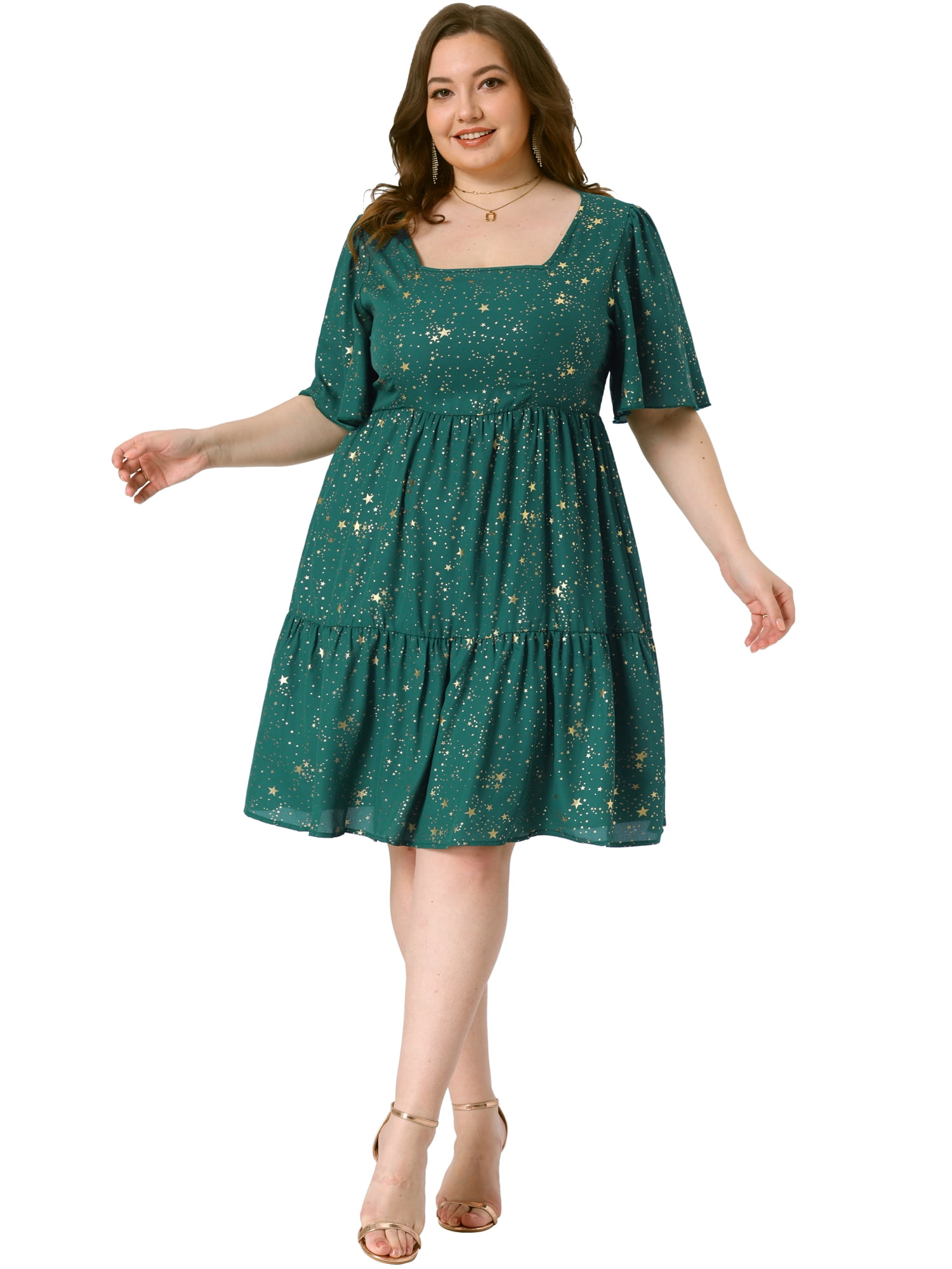 DARING DIVA Plus Size Chiffon Square Neck Short Sleeve Metallic Dress 2X Green