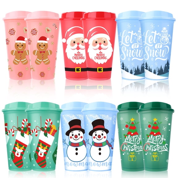 sixwipe 12pcs Christmas Color Changing Hot Coffee Cups with Lids, 16Oz Plastic Reusable Hot Chocolate Cups for Adults Kids Winter Christmas Holiday Birthday Party Cups Tumblers