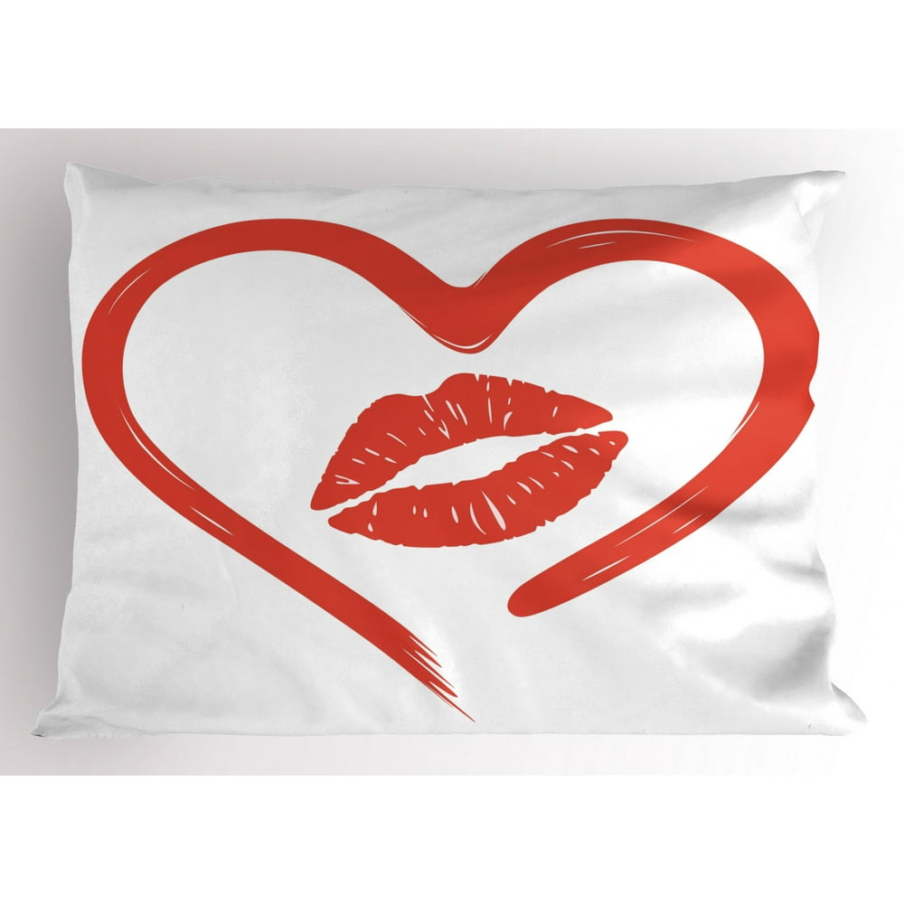 Kiss Pillow Sham Heart Drawn in Lipstick and Woman Lip Imprint Romance