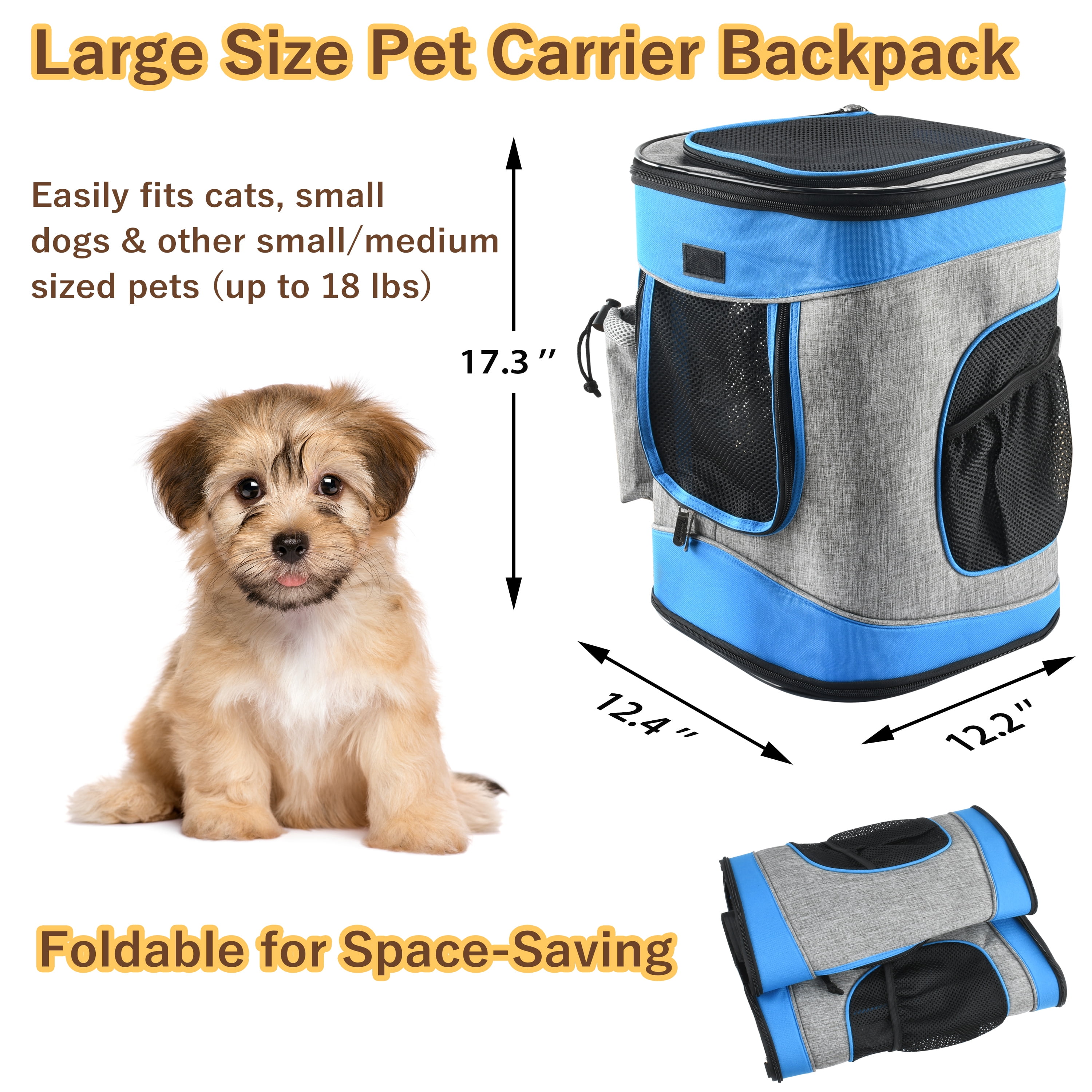 Tirrinia Pet Carrier Backpack for Dogs and Cats up to 15 LBS Comfort Dog Cat Carrier Travel Bag Breathable for Hiking, Walking, Cycling & Outdoor Use 16"H x13.2"L x12"W Blue