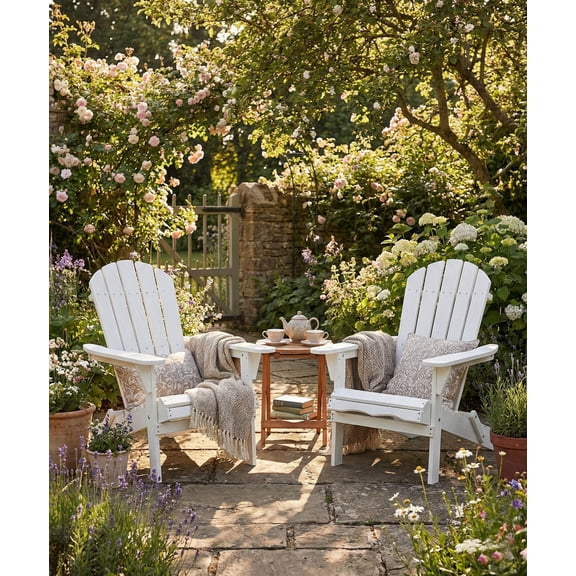Solid Wood Folding Adirondack Chair for Patio, White Outdoor Lounge Seating with Embossed Wood Grain, 31L x 28W x 36H inches