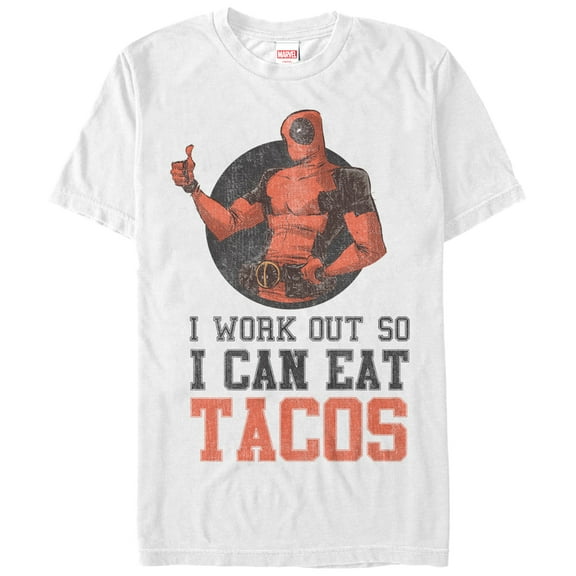 Men's Marvel Deadpool Work Out Eat Tacos  Graphic Tee White 2X Large