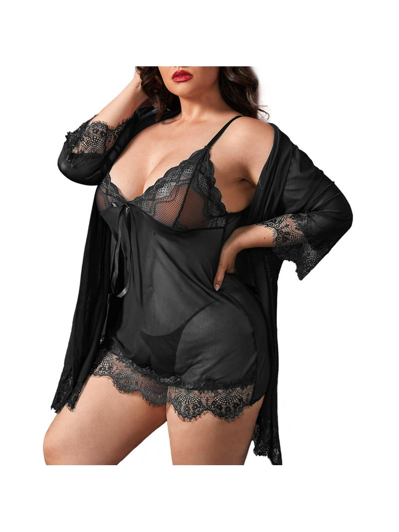 Plus Size Sexy Lingerie, CaiDieNu Lingerie for Women, 3-Piece Women Lingerie Sexy Lace Nightgowns with Robe & Thong - Black - Walmart.com Plus Size Sexy Lingerie, CaiDieNu Lingerie for Women, 3-Piece Women Lingerie Sexy Lace Nightgowns with Robe & Thong - Black - Walmart.com