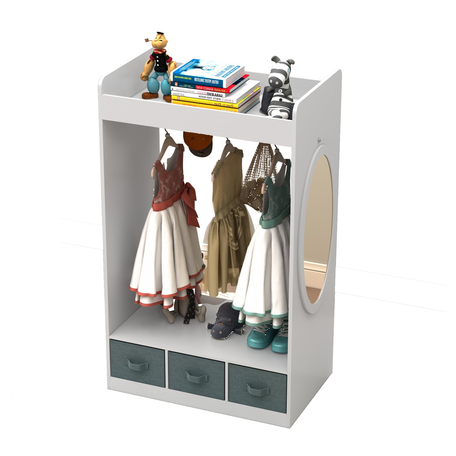 Kids Costume Organizer Rack, Kids Open Hanging Armoire Closet with Mirror, White
