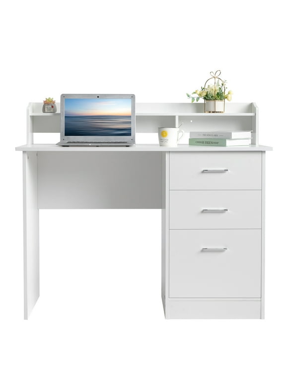 Zimtown Computer Desk with Storage Layer, Gaming Table with 3 Drawers, Laptop Study Table Unisex, White