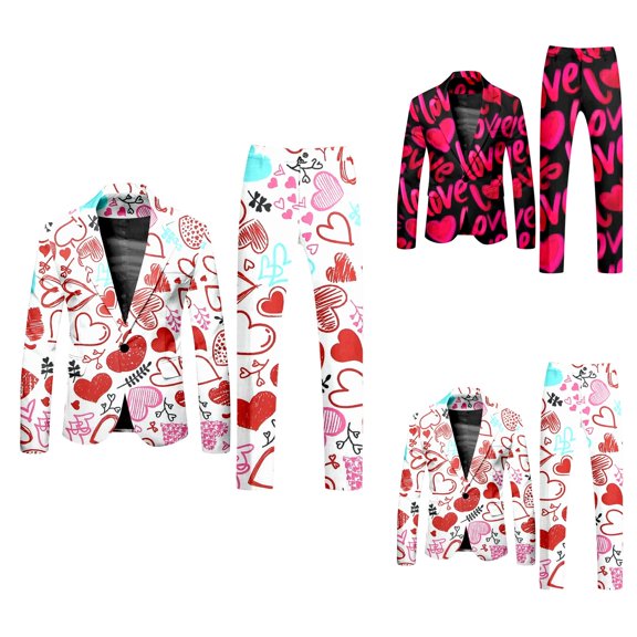 Men's Heart Print Slim Fit 2-Piece Suit with Blazer and Pants, Valentines Day Love Outfit for Party Wedding Holiday Events