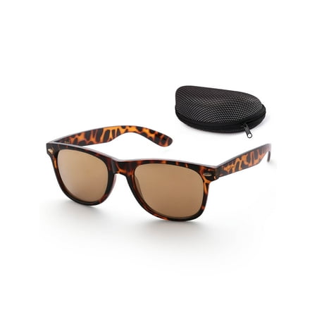 Sunglasses for Women Men with Case, Trendy Grey 54mm Shatterproof Lens, Retro Horn Rimmed Black Frame, UV400 Protection