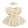 thumbnail image 2 of Riecok Baby Girl Infant 1st Birthday Princess Romper Dress Mesh Skirt 3D Flower Applique Ruffle Sleeve Occasion Dressy Beige 3 M, 2 of 5
