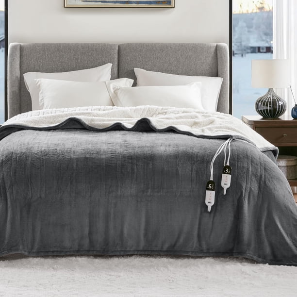 Degrees of Comfort Manta eléctrica con calefacción tamaño Queen con doble control - Mantas calefactoras de franela suave con 6 configuraciones de calor Apagado automático de 10 horas Protección contra