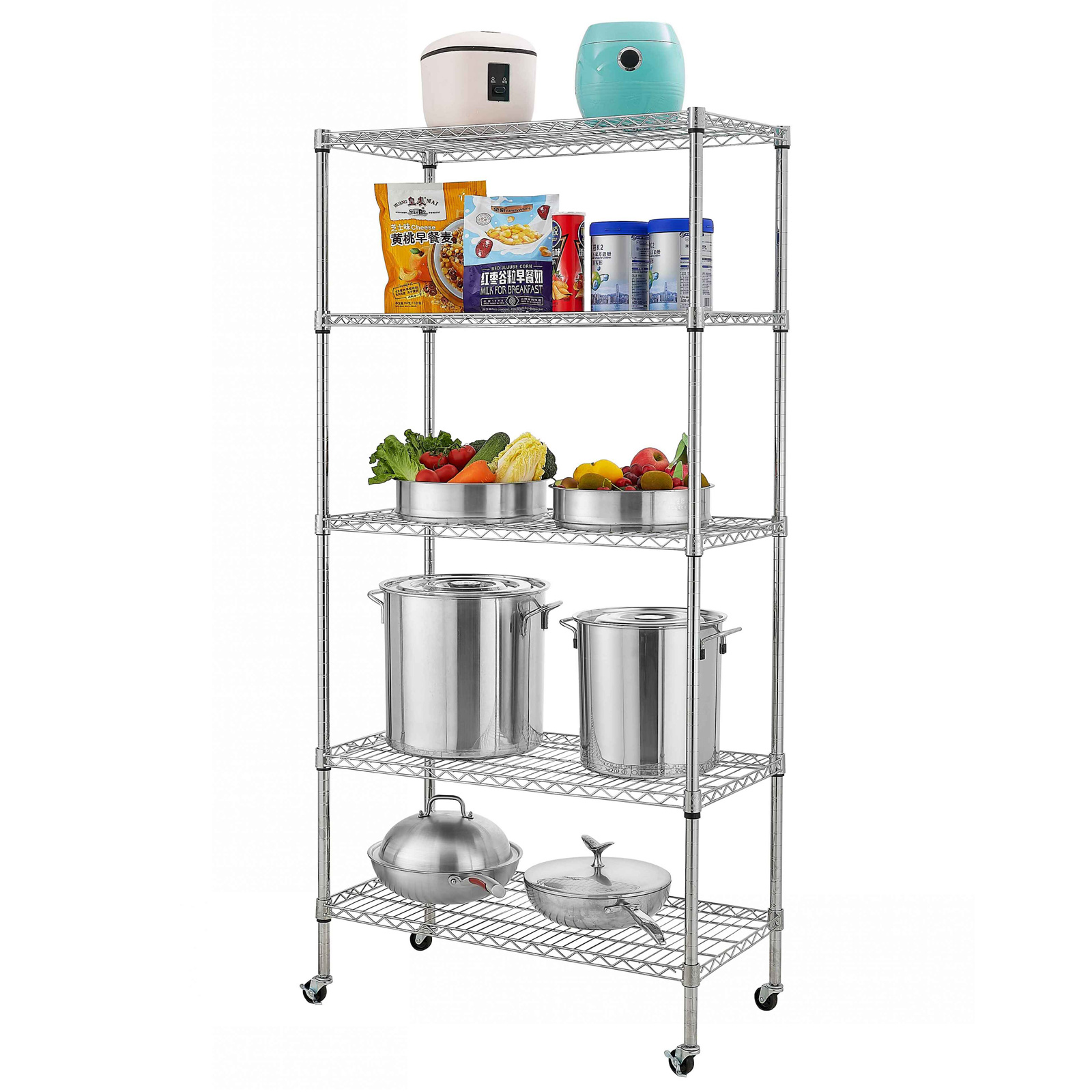 5Tier NSFCertified Steel Wire Shelving with Wheels Chrome YJ Baker's