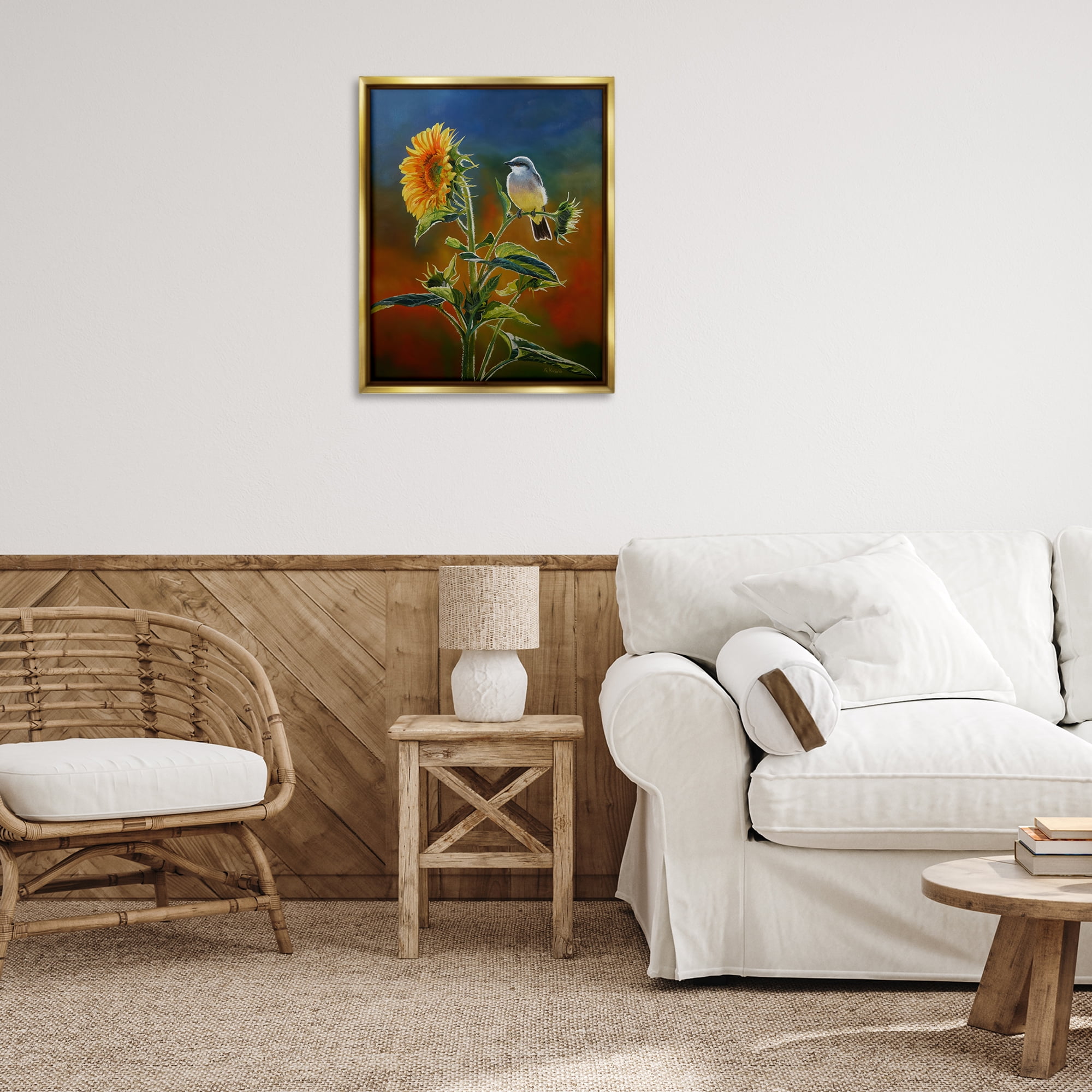 Stupell Industries Western Kingbird & Flower Plants & Flowers Painting Gold Floater Framed Canvas Art Print Wall Art, 25 x 31