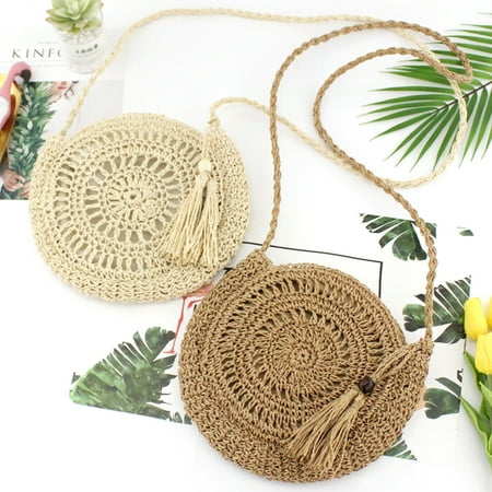Bronze Man Made Handbags - Women Handmade Woven Bag Round Rattan Straw Weave Cross body Bag Bohemia Style Holiday Beach Bag 782337584865