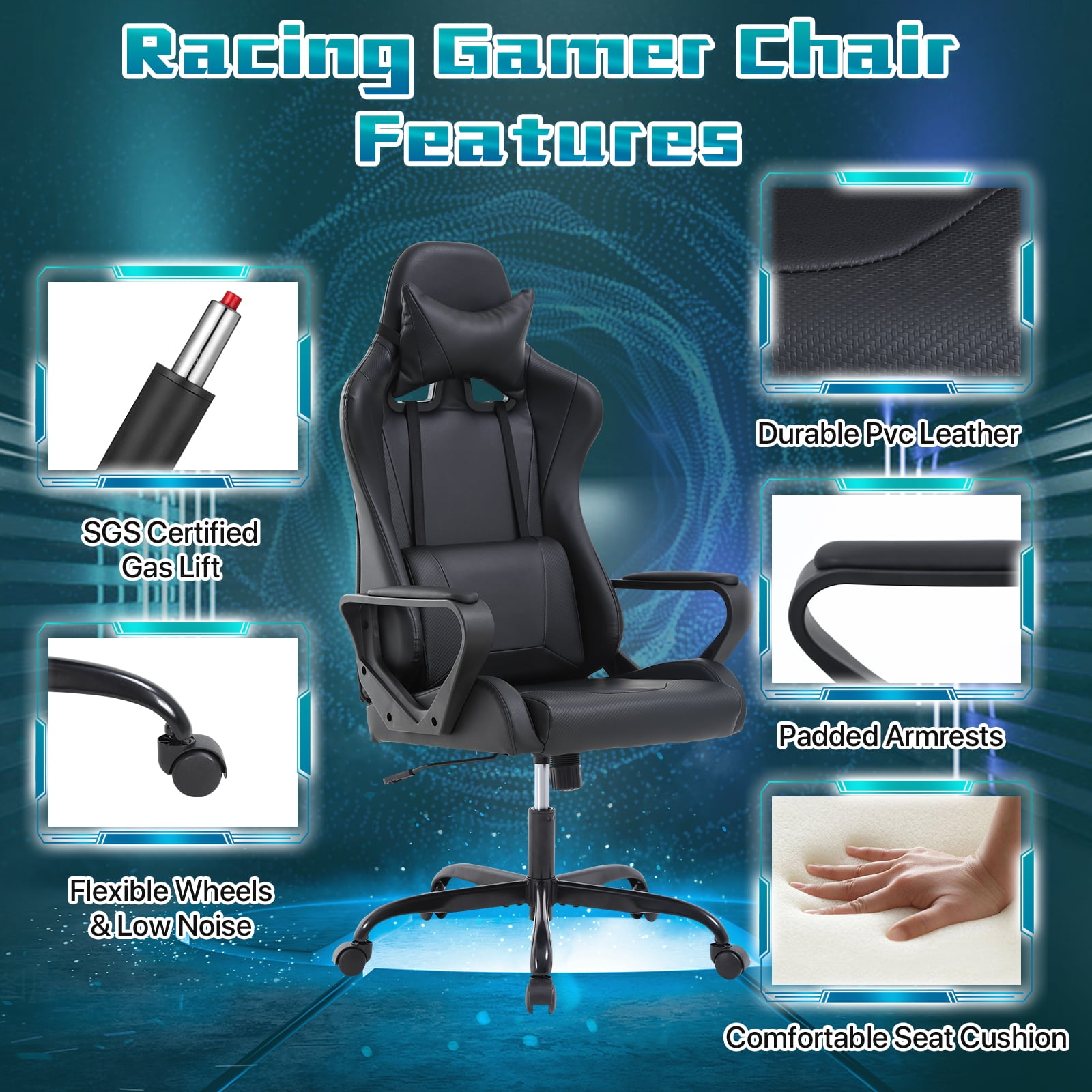 NiamVelo Racing Gaming Chair High-Back Office Chair Pu Leather Gamer Chair Ergonomic Computer Chair with Adjustable Lumbar Support & Headrest for Teens& Adults, Black