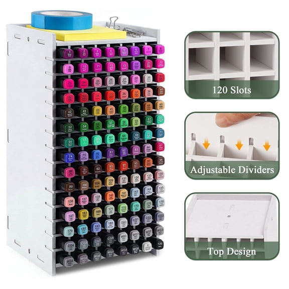 Wavraging Marker Organizer, 120 Slots Marker Storage Rack with Removable Dividers, Art Supply Organizer for Markers, Watercolor Brushes, Colored Pencils, Desktop Organizer for Home, Office