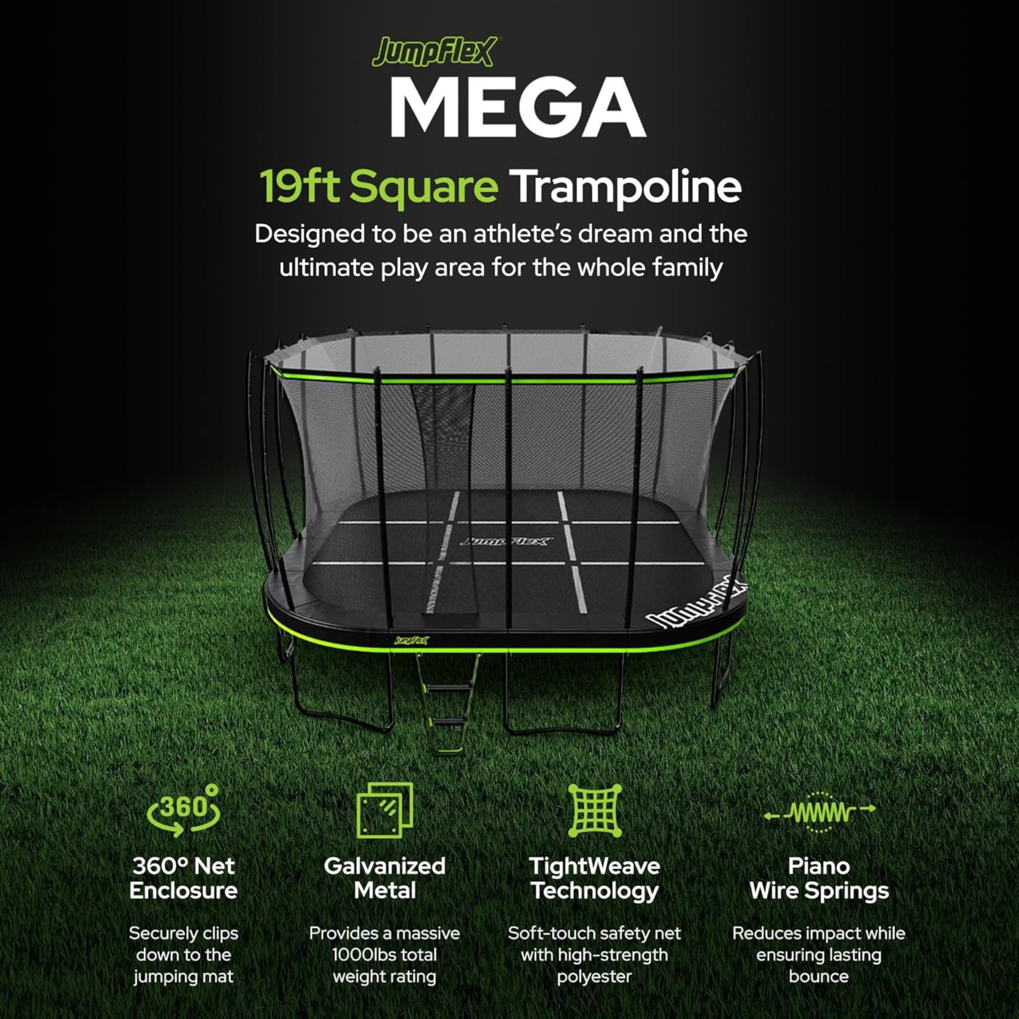 JumpFlex 19' Trampoline MEGA Outdoor Playset with Net and Ladder, Green/Black
