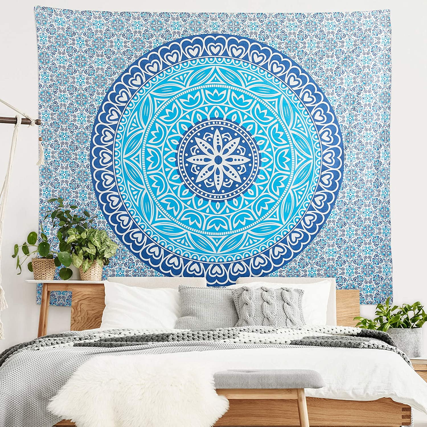 Americanflat Mandala Tapestry Wall Hanging - Boho Hippie Indie Colorful Decoration Artwork Blanket for Living Room, Bedroom, or College Dorm - Handcrafted in India 100% Cotton, Aqua Navy 84x90