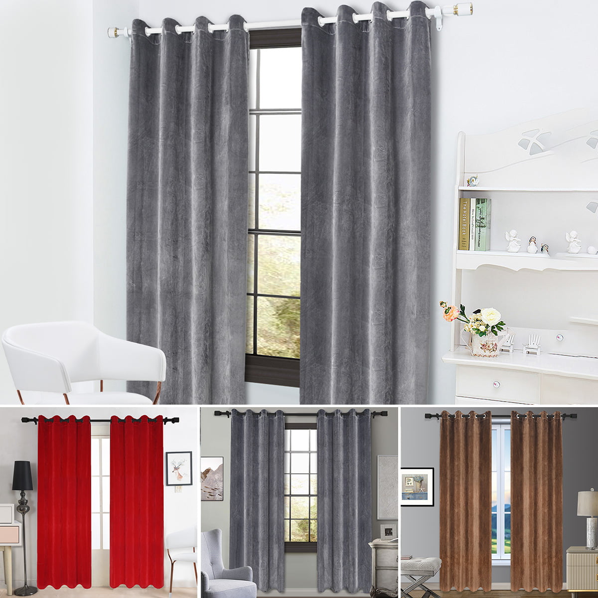 Gray 72 inch Long Velvet Curtain Panel w/Ring Grommet Top Eyelets Window Drapes 