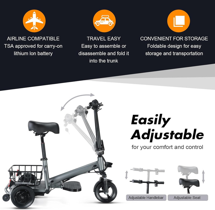 3 Wheel Mobility Scooters for Seniors, Lightweight Foldable Motorize Scooter with 300W Motor, Basket and Light, 43 lbs, 12 Miles Range