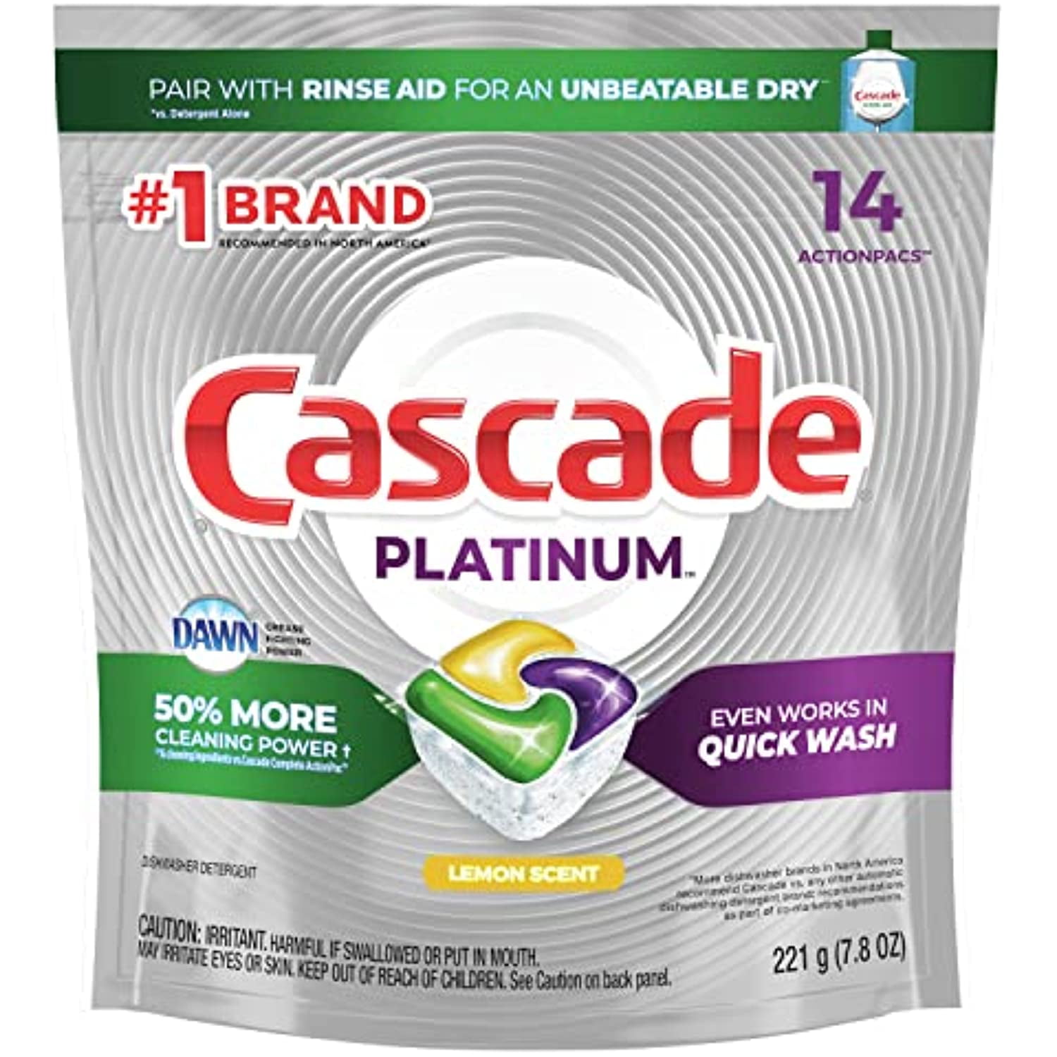 Cascade Platinum Actionpacs, Dishwasher Detergent, Lemon Scent, 14Count