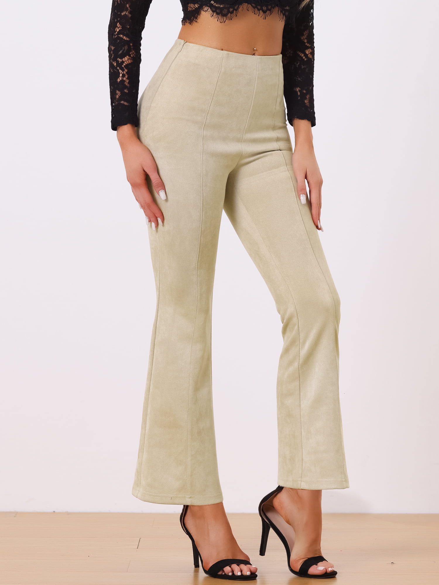 Unique Bargains Women's Flared Hidden Side Zipper Knitted Faux Suede Flared Pants M Beige