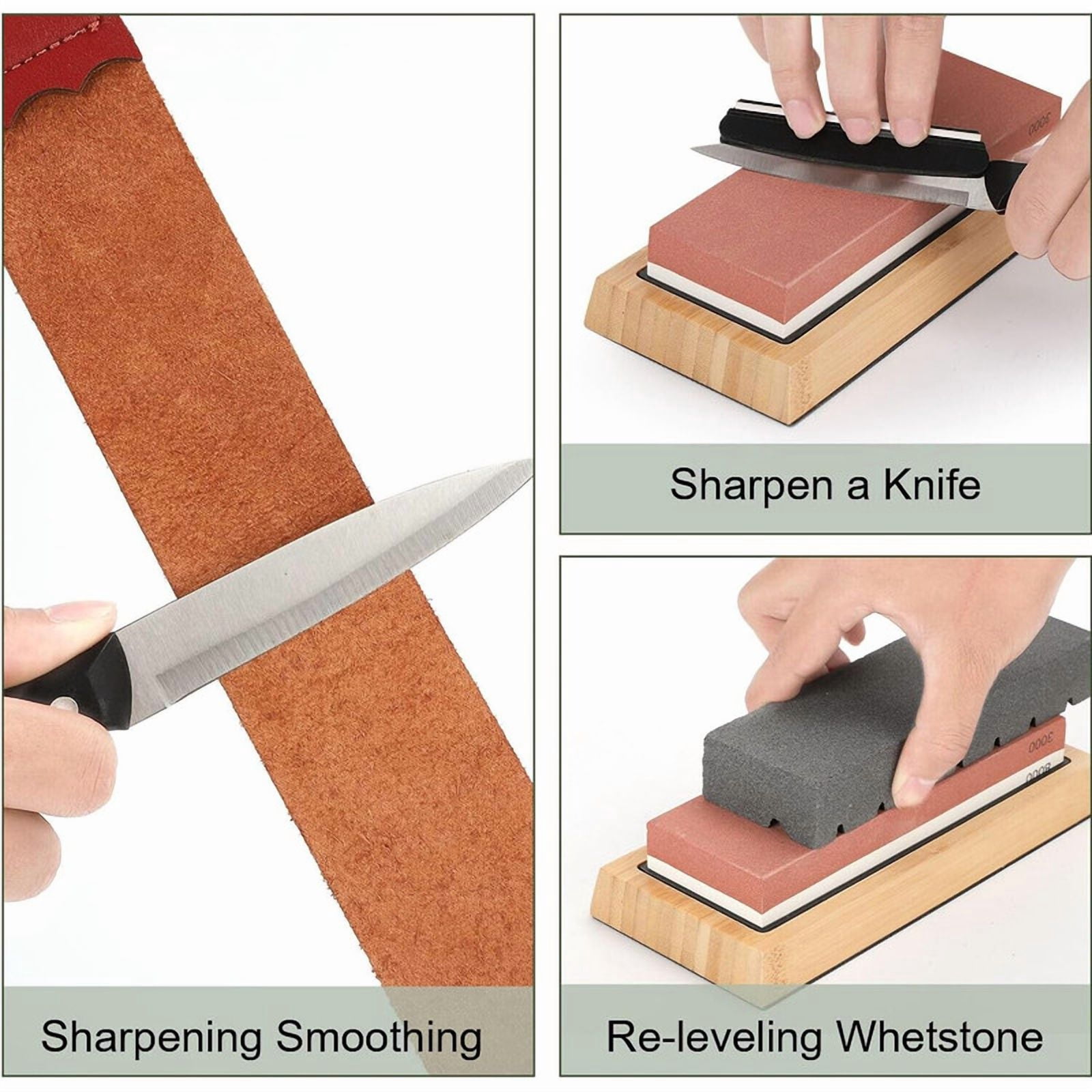 Complete Knife Sharpening Stone Set – Dual Grit Whetstone 400/1000 3000/8000 Knife Sharpener with Leather Strop, Flattening Stone, Bamboo Base & Angle Guide