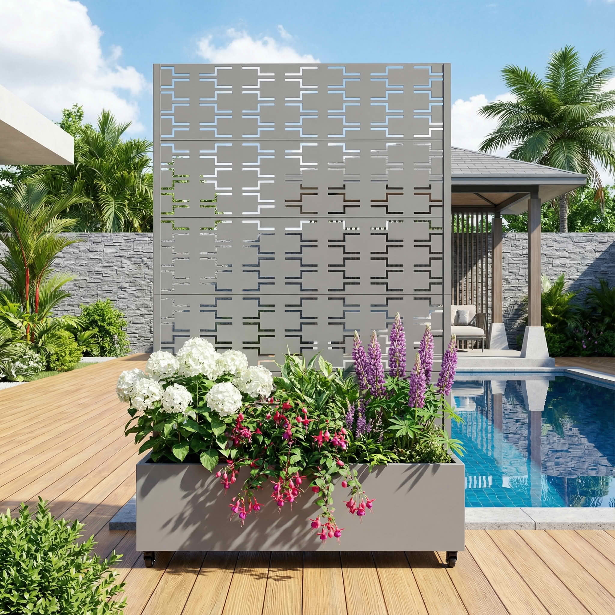 MAYEERTY 72X47" Metal Outdoor Gray Privacy Screen with Planter Box for Backyard & Garden, 5 Piece Set