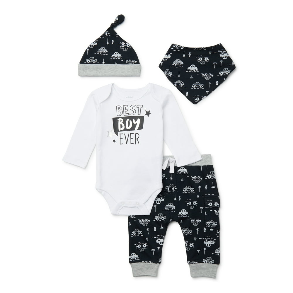 Miniville Miniville Baby Boys Bodysuit, Pants and Hat Outfit Set, 4