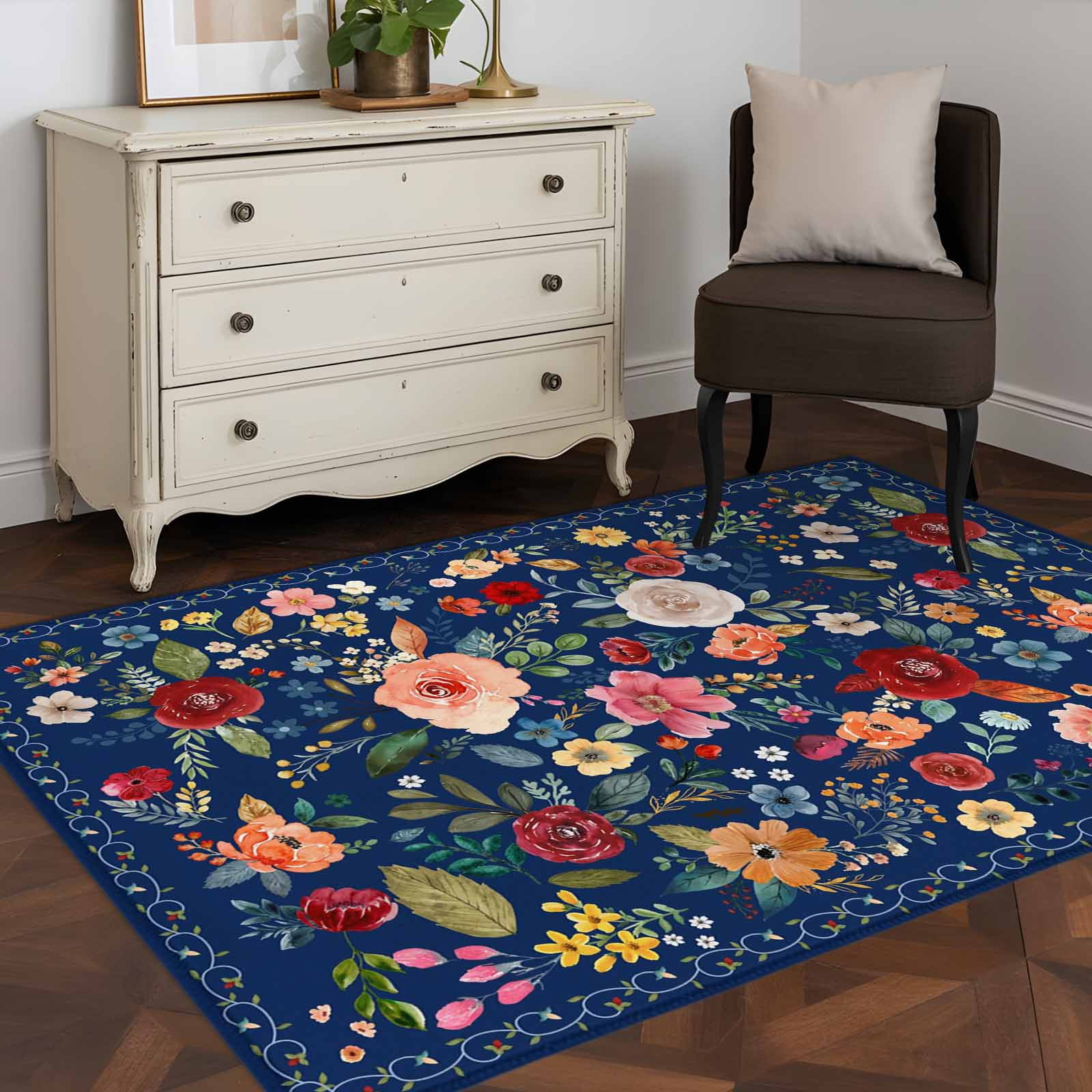 Navy Blue Flowers Area Rugs 4'x6', Washable Small Throw Rugs for Office Bathroom, Spring Vintage Floral Leaves Farmhouse Indoor Outdoor Rug Non-Slip Low Pile Carpet Runner Reversible Floor Mats