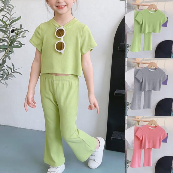 FRSASU Girls Suit Spring Summer Outfits Short Sleeve Tops and Wide Leg Pants Two PieceLong Sleeve Teens Set for Girls Pink
