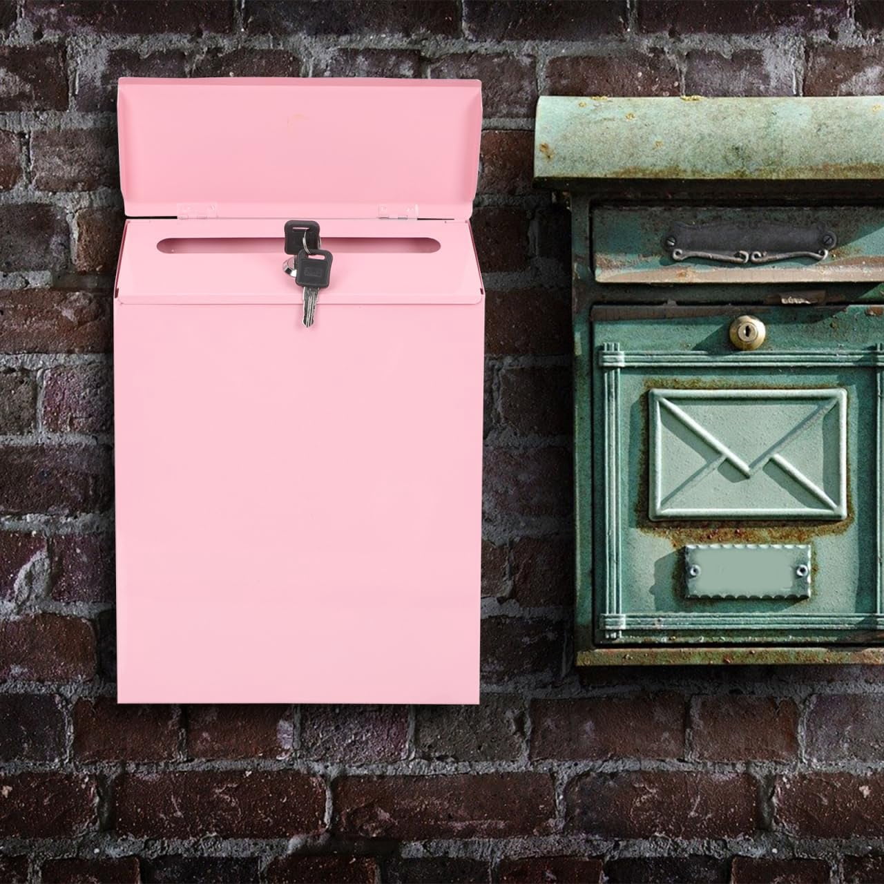ABCISI Wall-Mounted Mailbox with Lock, Anti-Theft Drop Box  for Letters Envelopes Newspapers, Multi-Function Suggestion Box, Large Capacity Sturdy Mail Box for Home & Office, 9.1” x 2.4” x 11.8”,Pink