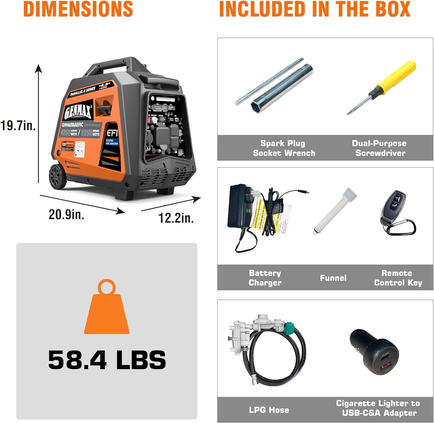 GENMAX EFI Inverter Generator, 4600W ultra-quiet 159cc engine with Parallel and Series Capability, Electric & Remote Start with CO Alert and LED light digital display,EPA &CARB Compliant