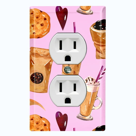Metal Light Switch Wall Plate Outlet Cover (Coffee Mocha Espresso Grounds Cookie Sugar Treats Love Caramel Shake Pink - Single Duplex)