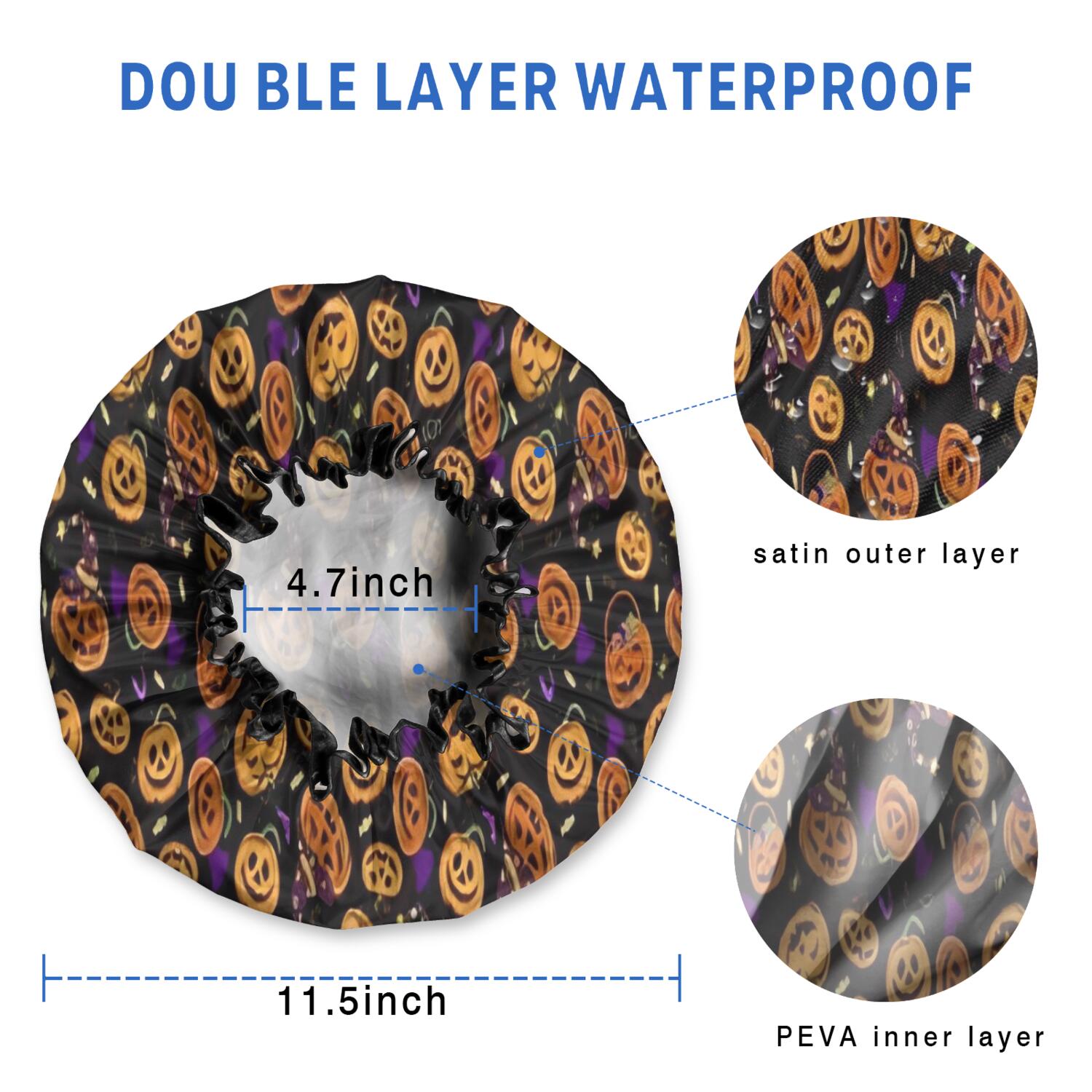 Shower Caps,Pumpkin Pattern Halloween Waterproof Shower Cap for Women 4 Pieces,Double Reusable Hair Cover for Shower PEVA Elastic Stretch Hem