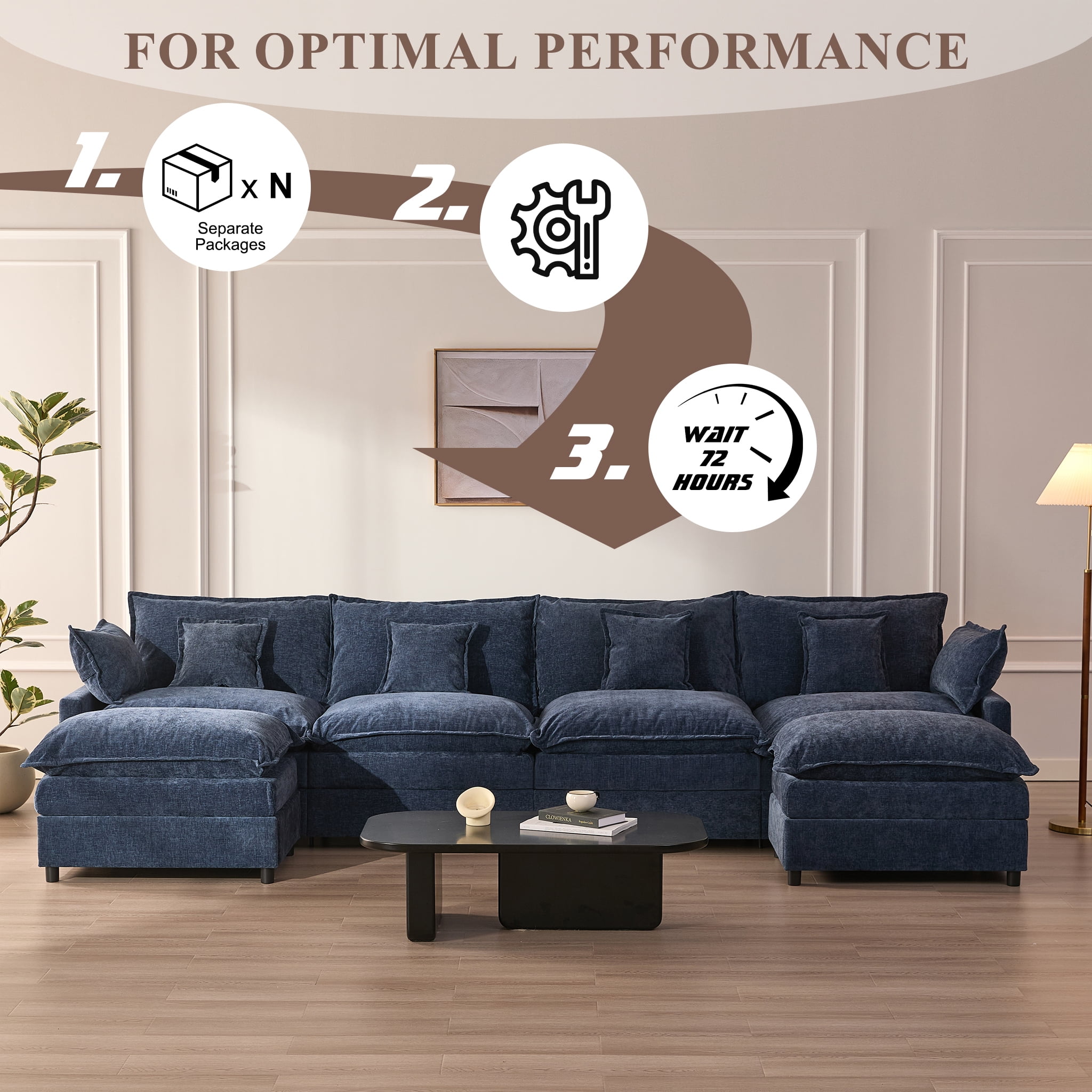 LAKPS 4-Seater Sectional Sofa Bed, Chenille Cloud Couch for Living Room, Navy