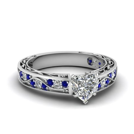 Vintage Filigree Engagement Ring 0.90 Carat Heart Shaped Diamond & Sapphire In 14K White Gold GIA