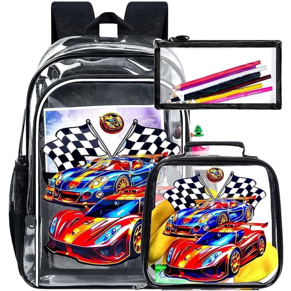 Reflective Safety Kids Clear Backpack, 3PCS Transparent Bookbag Set for Boys, Heavy-Duty See Through School Bag for Elementary Students - Race Car Black