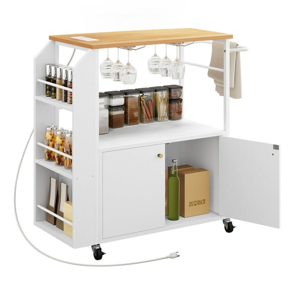 ModFusion 36" Rolling Kitchen Island Cart Drop Leaf Power Outlet USB Ports Trash Cabinet Spice Rack White