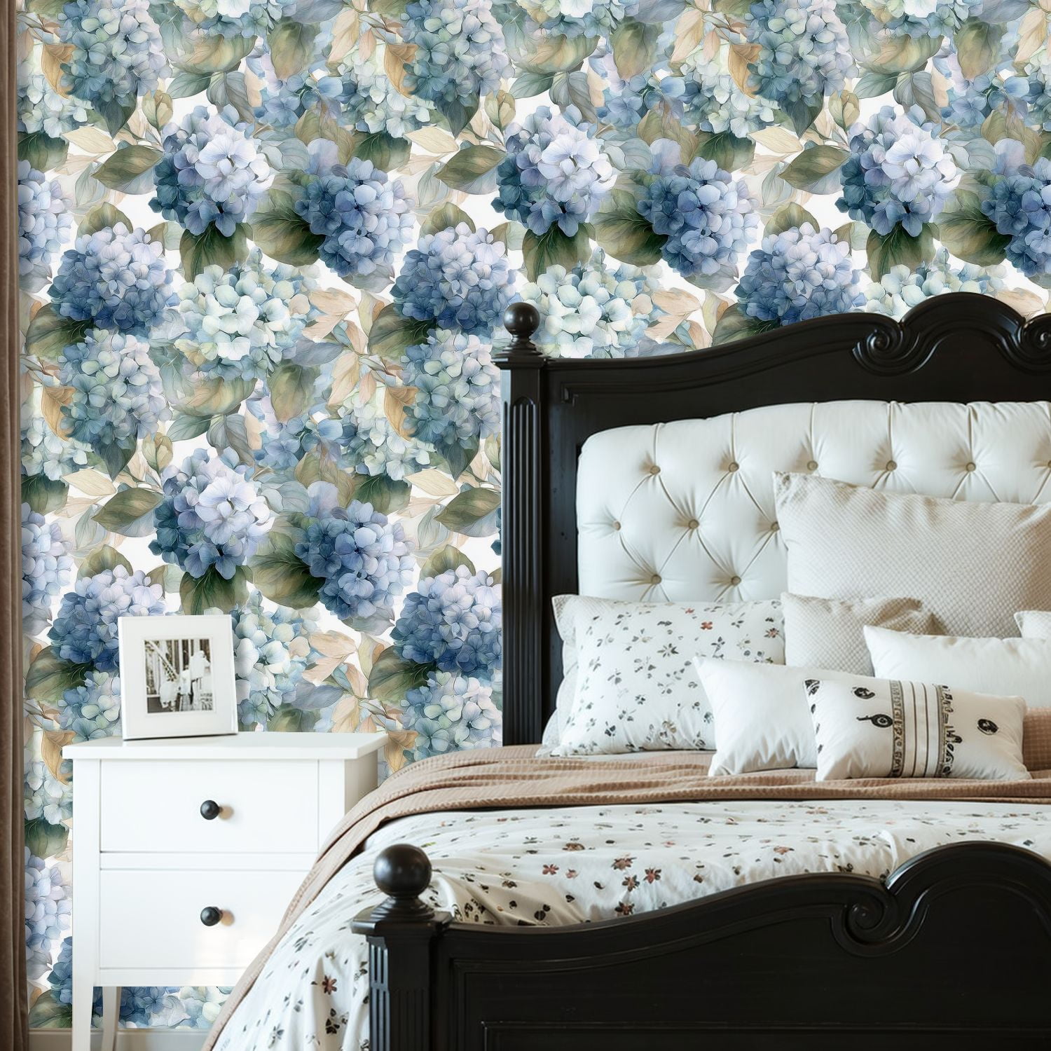 Peel and Stick Wallpaper Delicate Blue Hydrangea Flower Soft Green Leaves Wall Mural 23.6in x 9.8ft Self Adhesive Removable Wall Paper Renter Friendly Wallpaper for Nursery Bedroom Cabinets