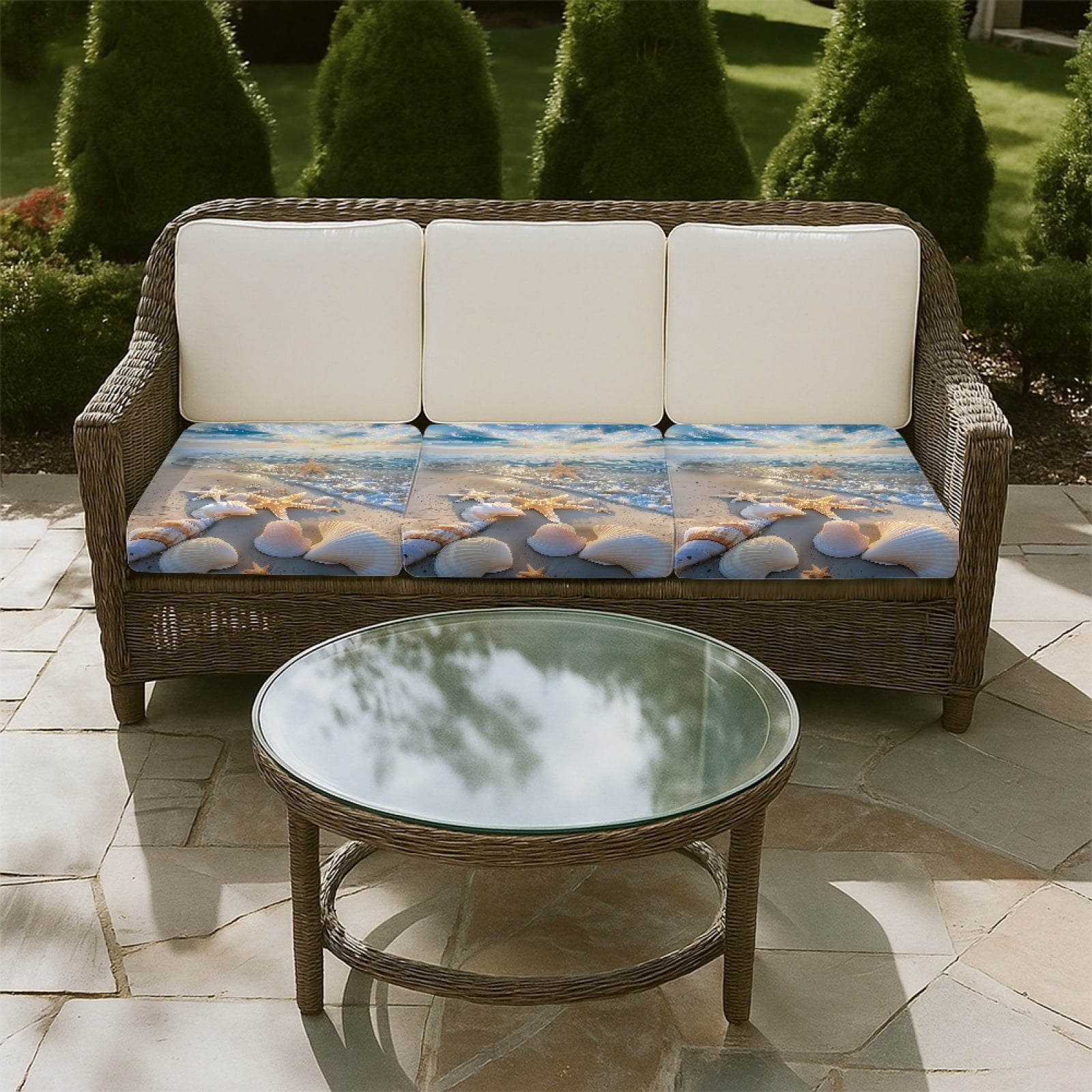 COEQINE Stretch Sofa Cover Fitted Individual Couch Cushion Cover Patterned Seat Cushion Slipcover Pet Sofa Slipcover Replacement for Living Room, 3 Pack, Beach Starfish Blue