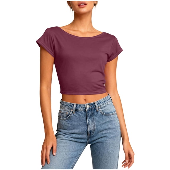Plus Size Tops for Women Fashion Casual Solid Color Short-sleeved Round Neck Backless Hollow Front And Back Wearable T-Shirts Short-sleeved Round Neck T-Shirts