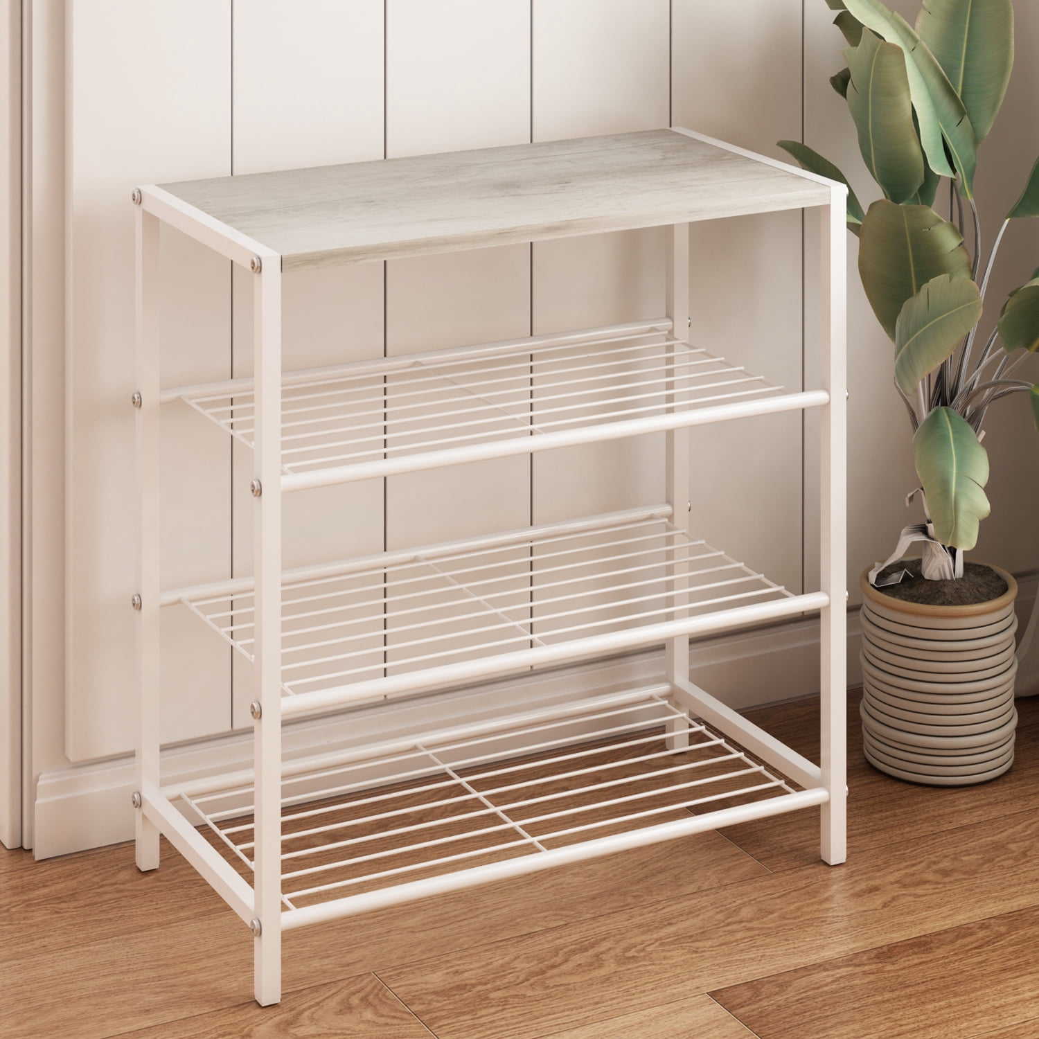 LENLN Metal Shoe rack with wood top, practical storage rack, multifunctional storage rack, Shoe Rack Organizer with Storage Shelves and Spacious Top，suitable for entrance hall, living room, bedroom,